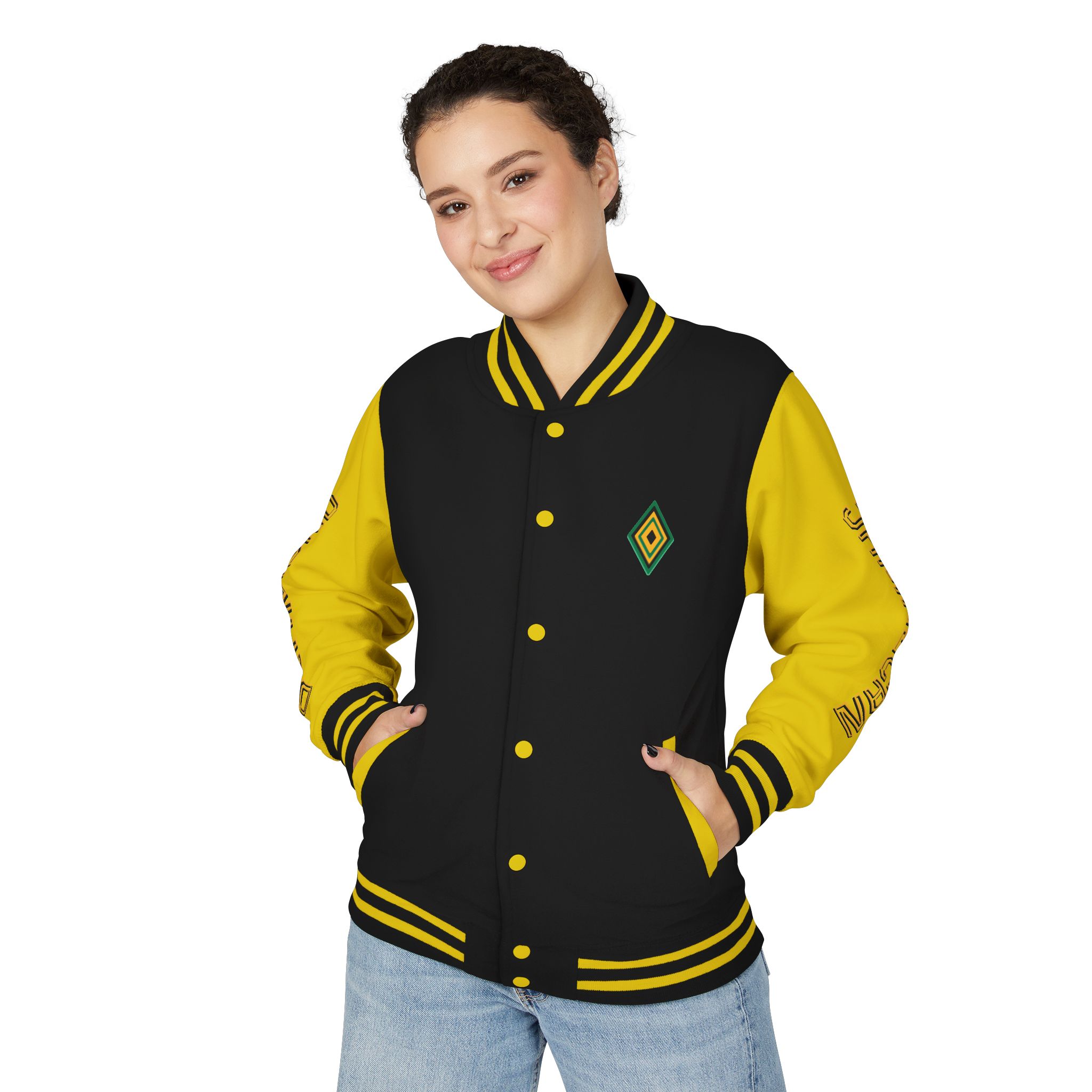 Jamaicanback Script Sleeve Letterman Jacket | Red White Varsity Style