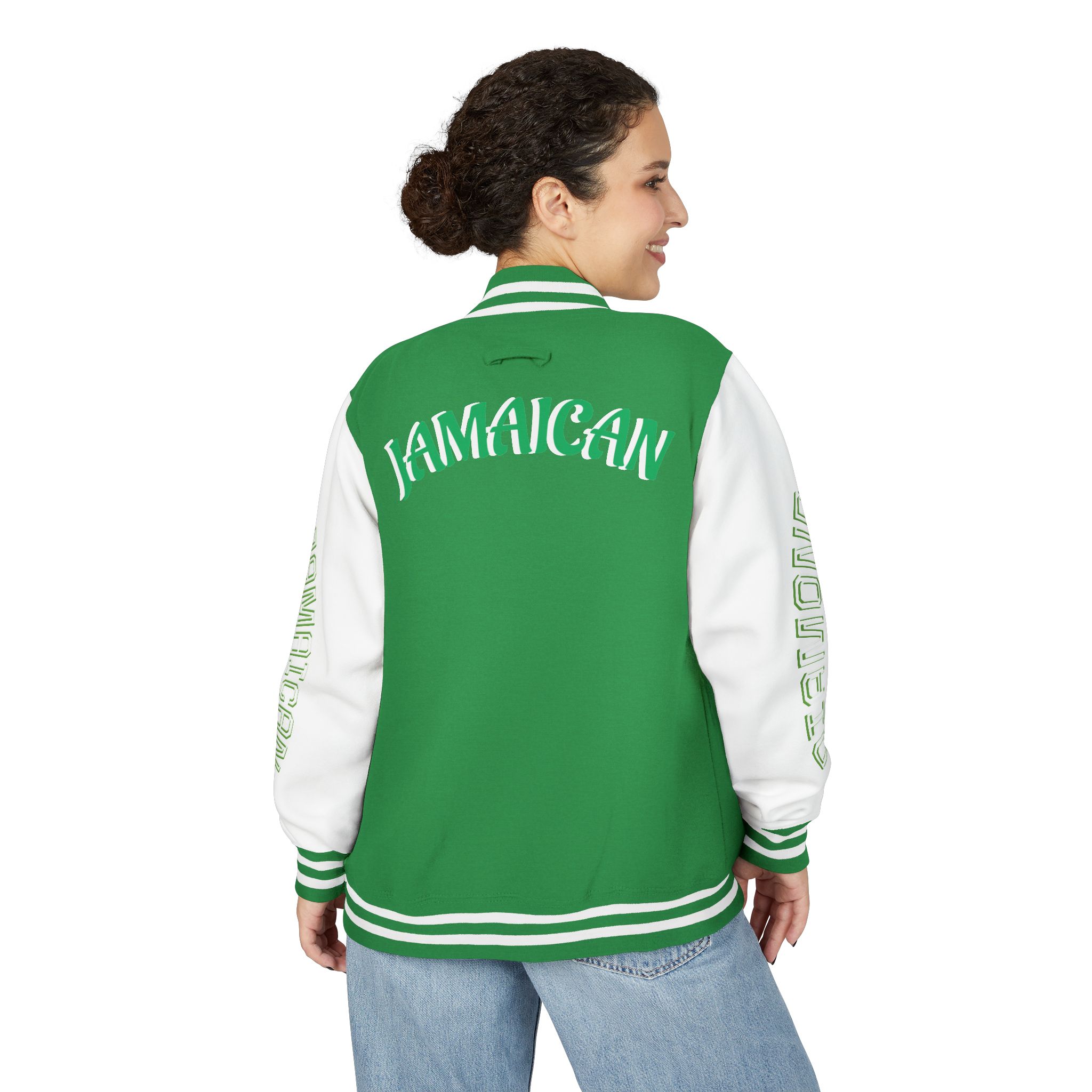 Jamaicanback Script Sleeve Letterman Jacket | Red White Varsity Style - Image 24