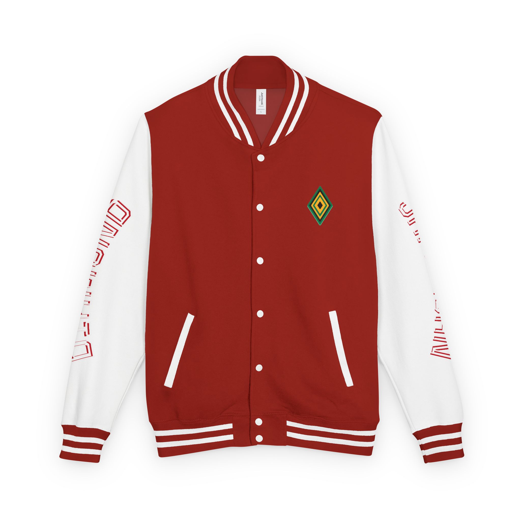 Jamaicanback Script Sleeve Letterman Jacket | Red White Varsity Style - Image 5