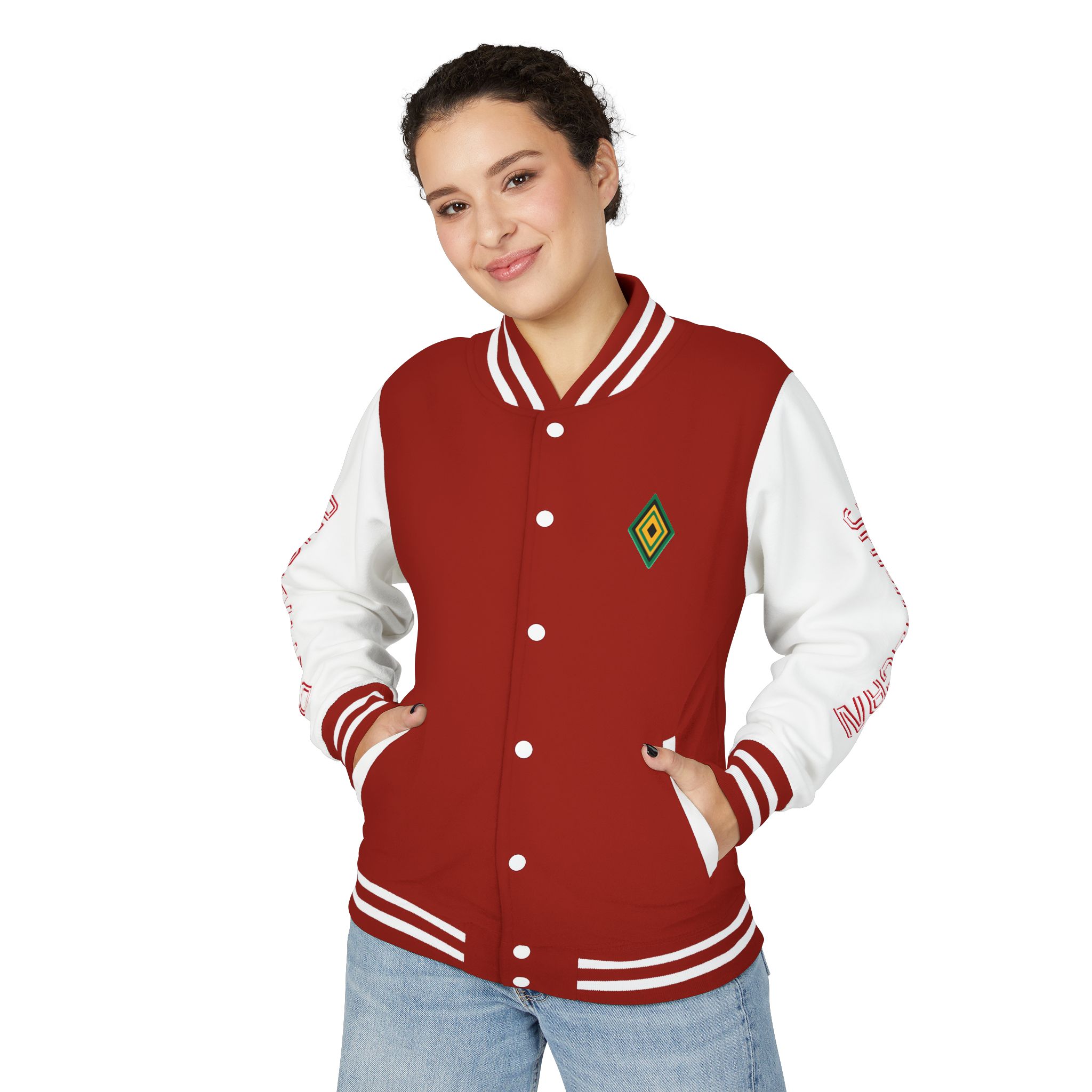Jamaicanback Script Sleeve Letterman Jacket | Red White Varsity Style - Image 7