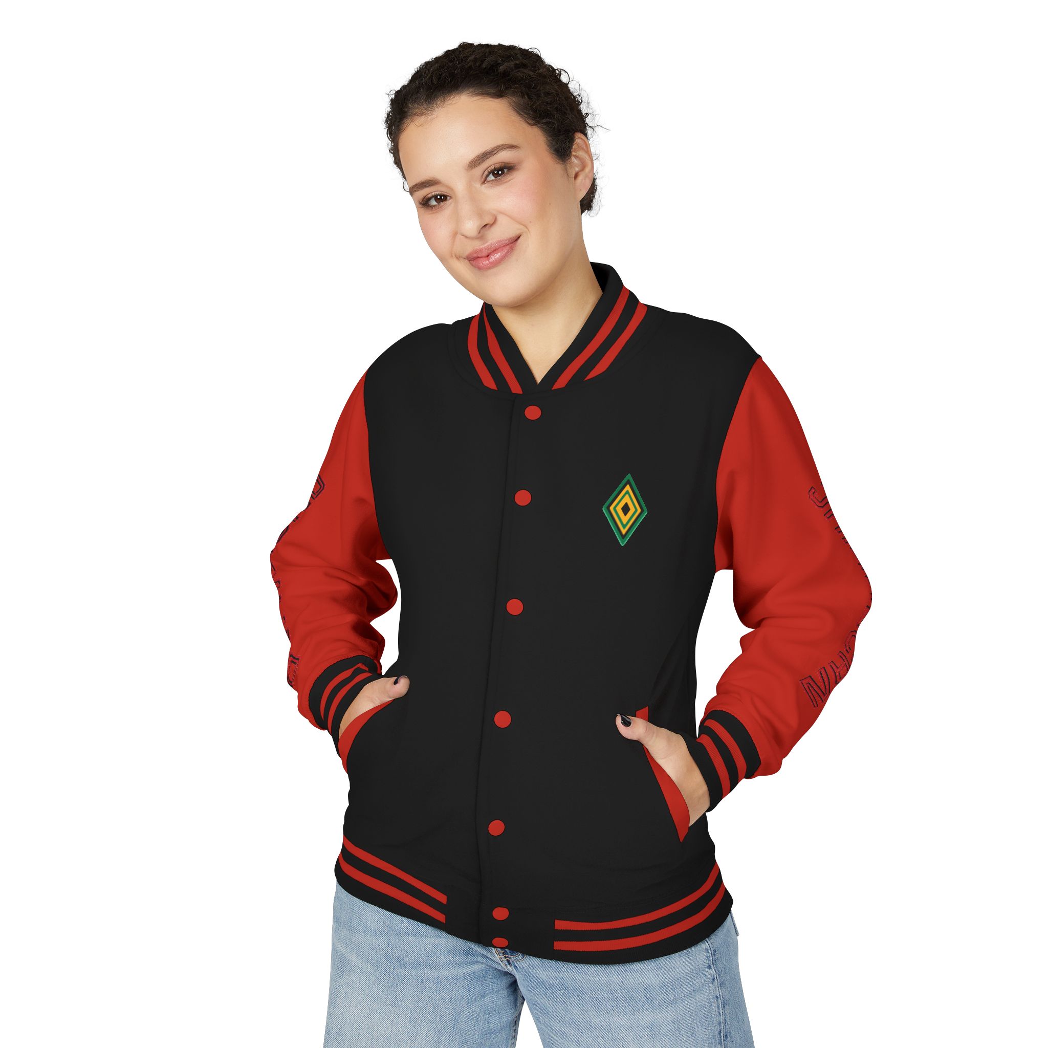 Jamaicanback Script Sleeve Letterman Jacket | Red White Varsity Style - Image 30