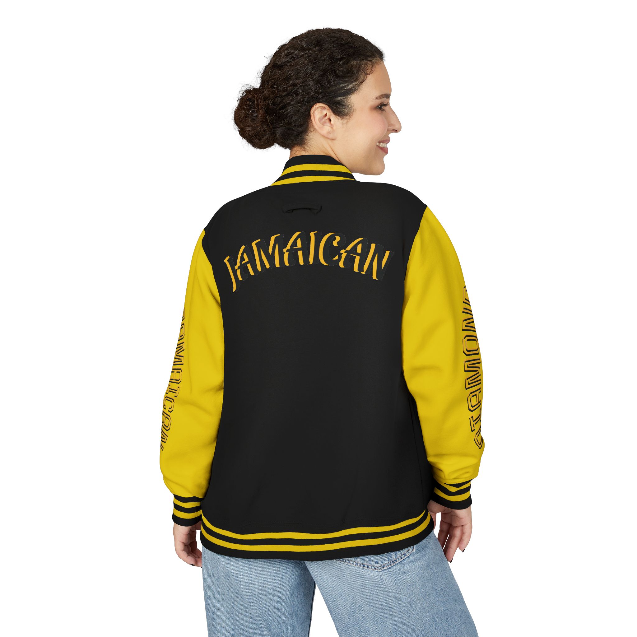 Jamaicanback Script Sleeve Letterman Jacket | Red White Varsity Style - Image 4