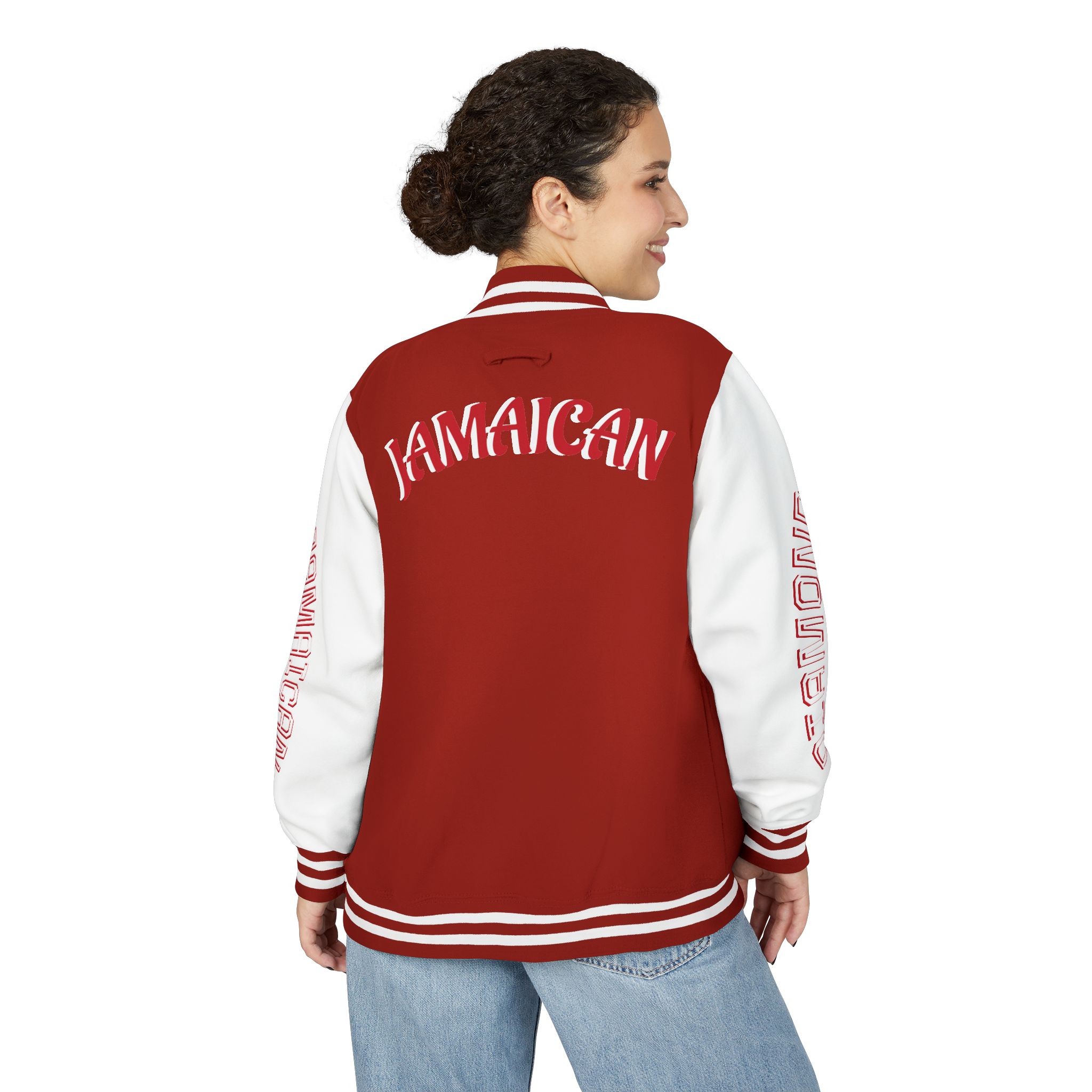 Jamaicanback Script Sleeve Letterman Jacket | Red White Varsity Style - Image 8