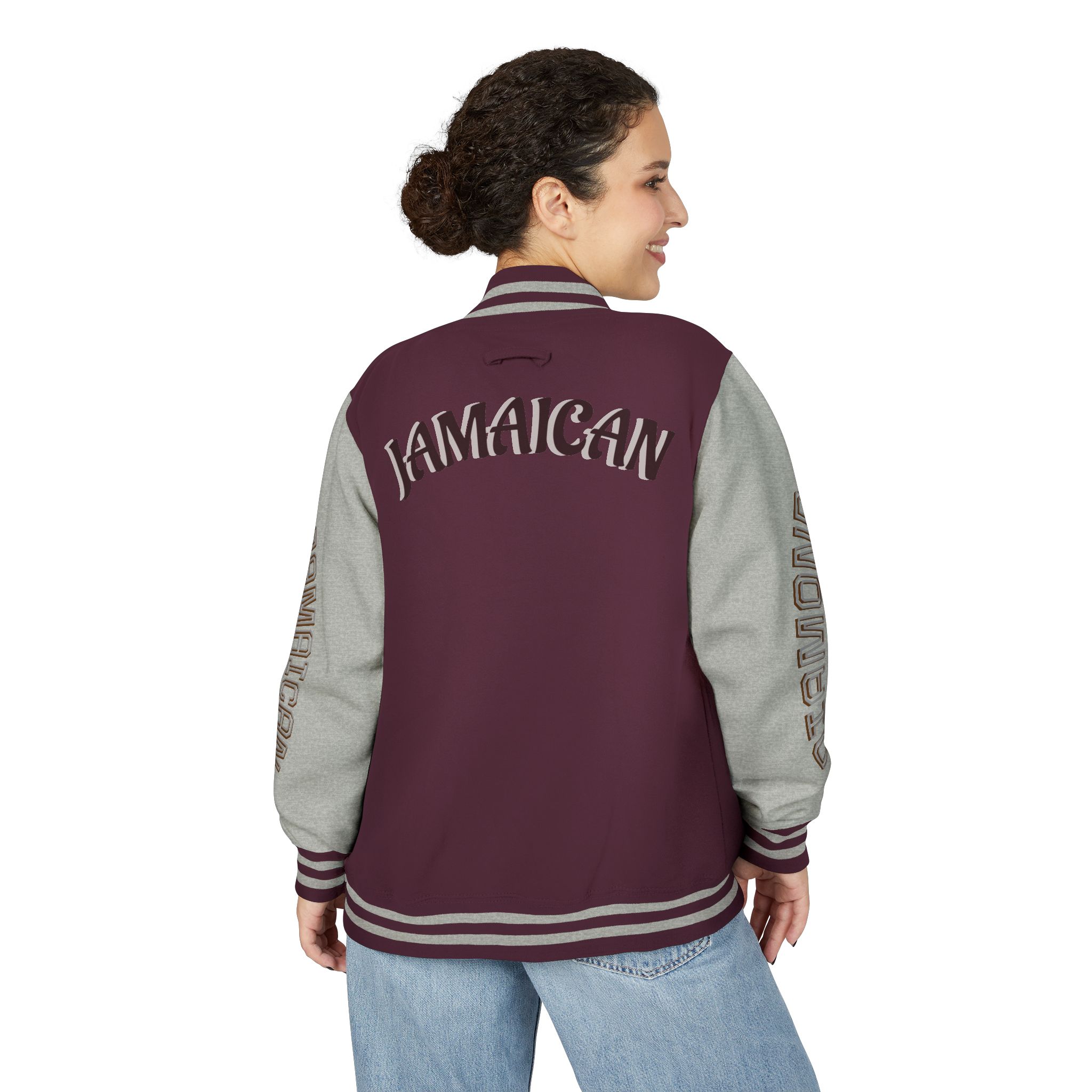 Jamaicanback Script Sleeve Letterman Jacket | Red White Varsity Style - Image 28