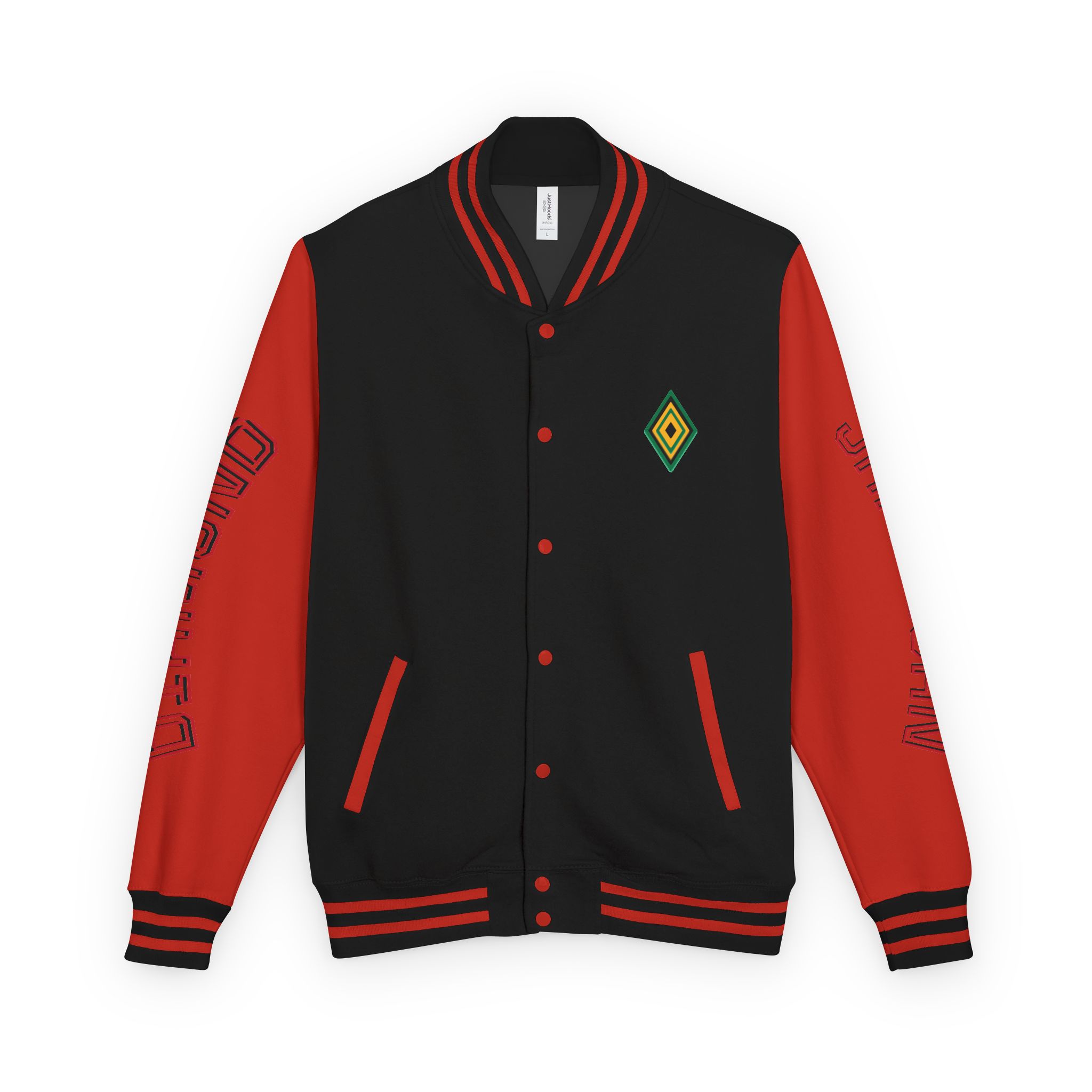 Jamaicanback Script Sleeve Letterman Jacket | Red White Varsity Style - Image 32