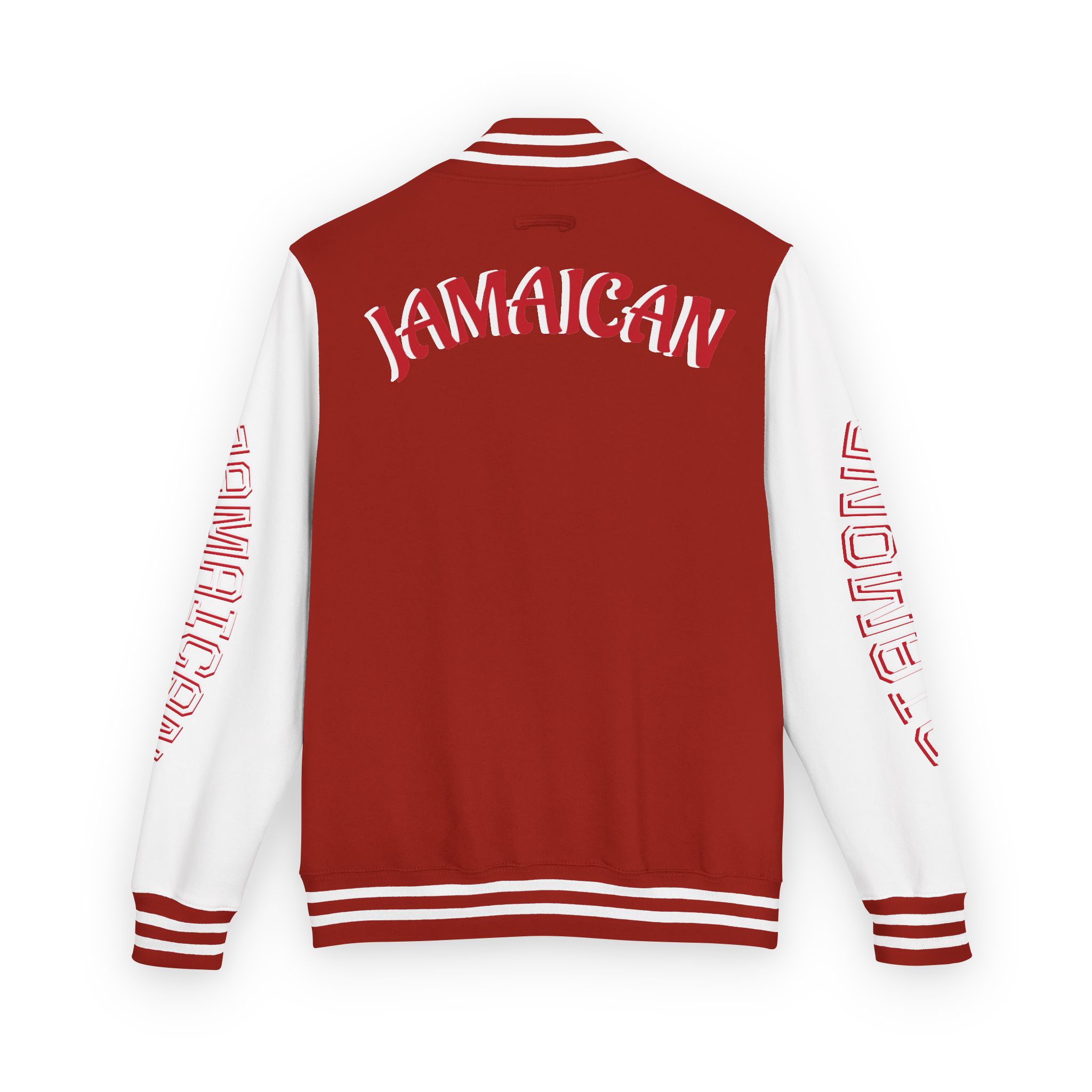 Jamaicanback Script Sleeve Letterman Jacket | Red White Varsity Style - Image 6