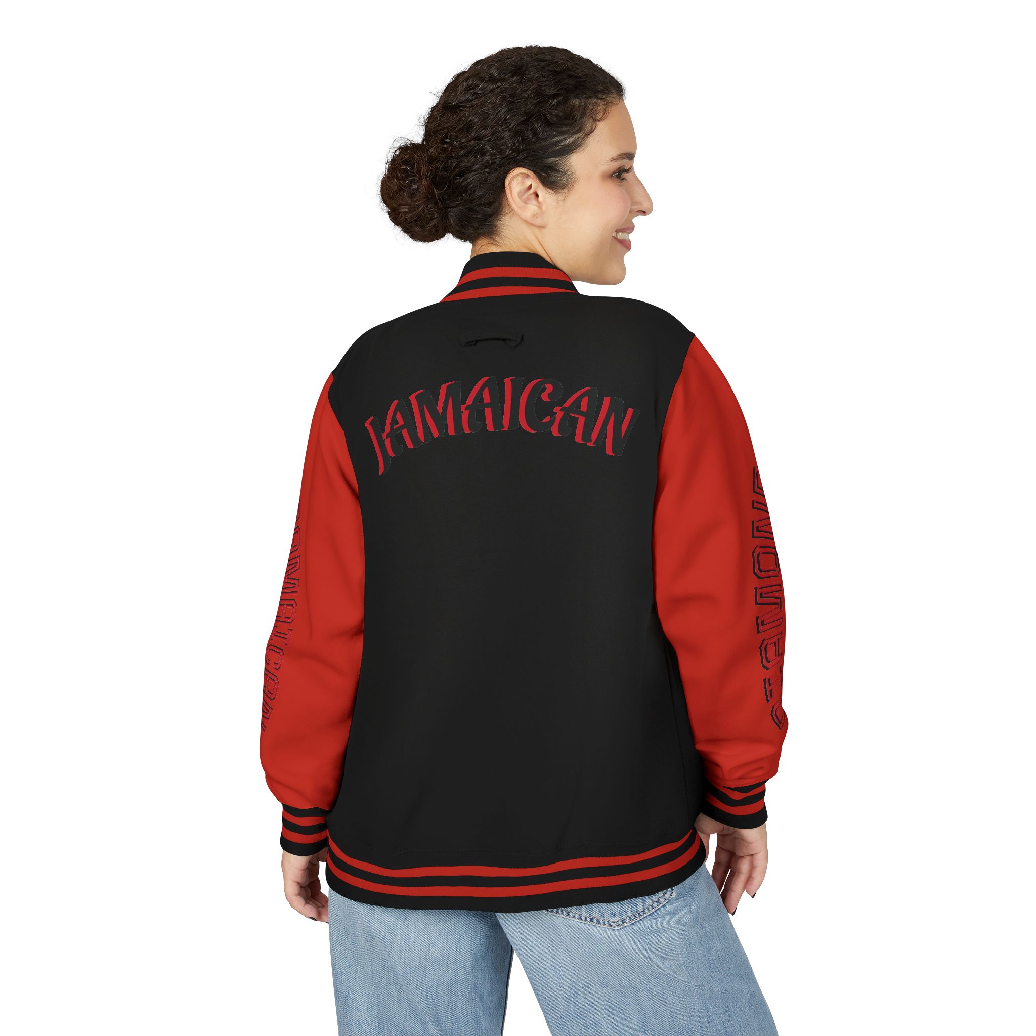 Jamaicanback Script Sleeve Letterman Jacket | Red White Varsity Style - Image 31