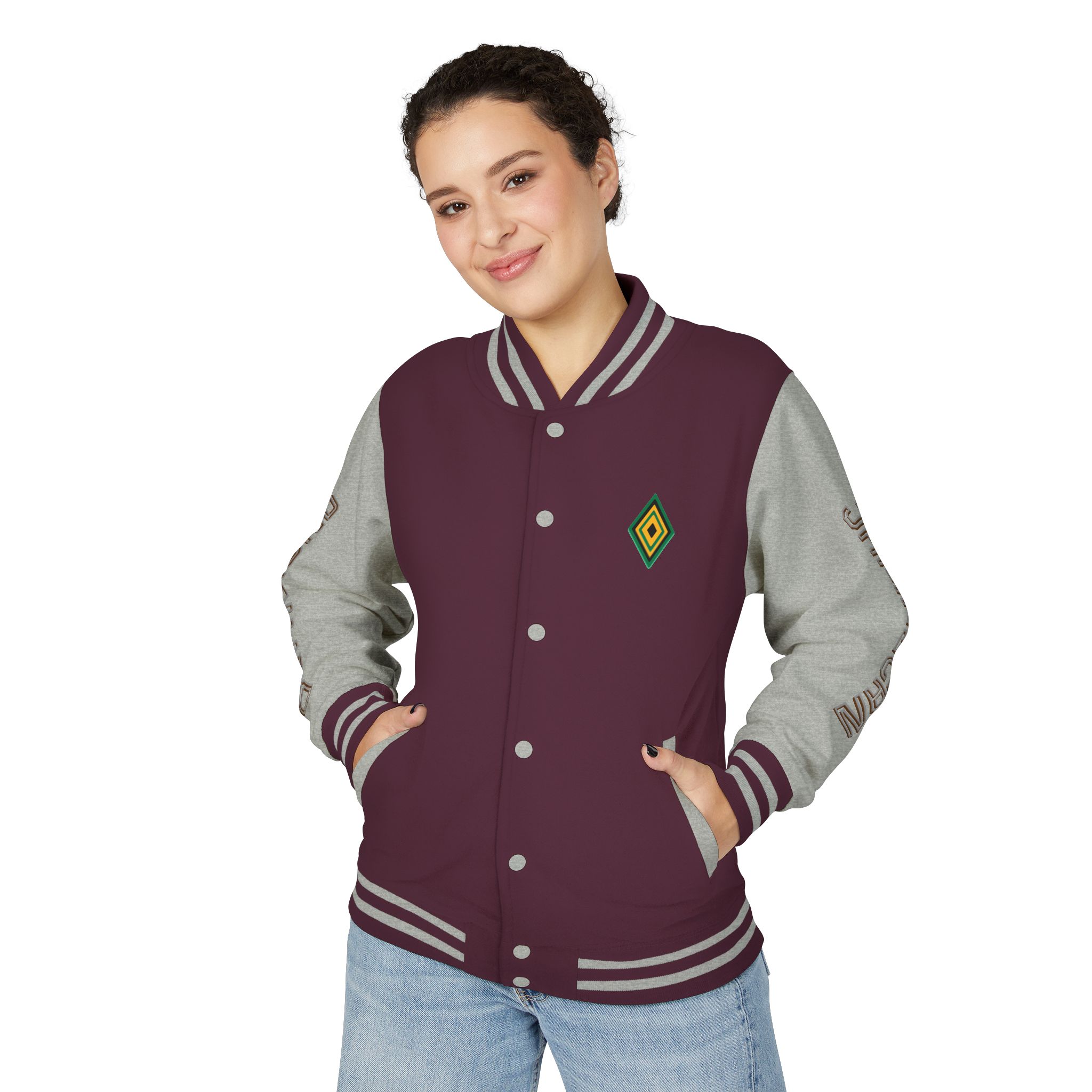 Jamaicanback Script Sleeve Letterman Jacket | Red White Varsity Style - Image 27